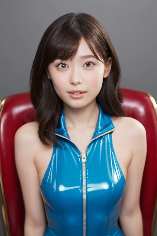 One Girl, (Beautiful girl, Delicate girl:1.3), (16 years old:1.3),Upper Body,Sitting in a chair,((Randomly sexy poses))、
break, (Blue catsuit, latex, enamel:1.2),The zipper is down and her chest is exposed.、
break, Very beautiful eyes, (Symmetrical eyes:1.3),
break, Small breasts, Brown eyes, Parted bangs, Brown Hair, (Upper teeth, The best smile:0.2),
break, (Eye and facial details:1.0),
break, (masterpiece, highest quality, Super detailed, Detailed face, 8k)