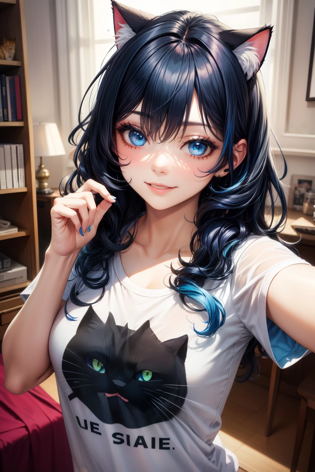 selfie, hair behind ear, makeup, dark blue hair, blue hair, black hair, blue and black gradient hair, messy hair, wavy hair, cat ears, long hair, blue eyes, bedroom, indoors, smile, breasts, tshirt
