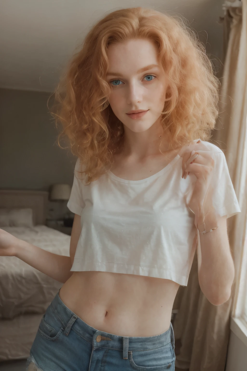 Irish), (swiss) and (Czech), 19 year old pale skin, voluminous strawberry blonde hair ,beauty, beautiful girl, thin, skinny, beauty, beautiful girl, hard contrast, hard shadows, hard light, smirk, beautiful ,makeup, apartment, arm raised, floor, wearing oversized tshirt,shorts,