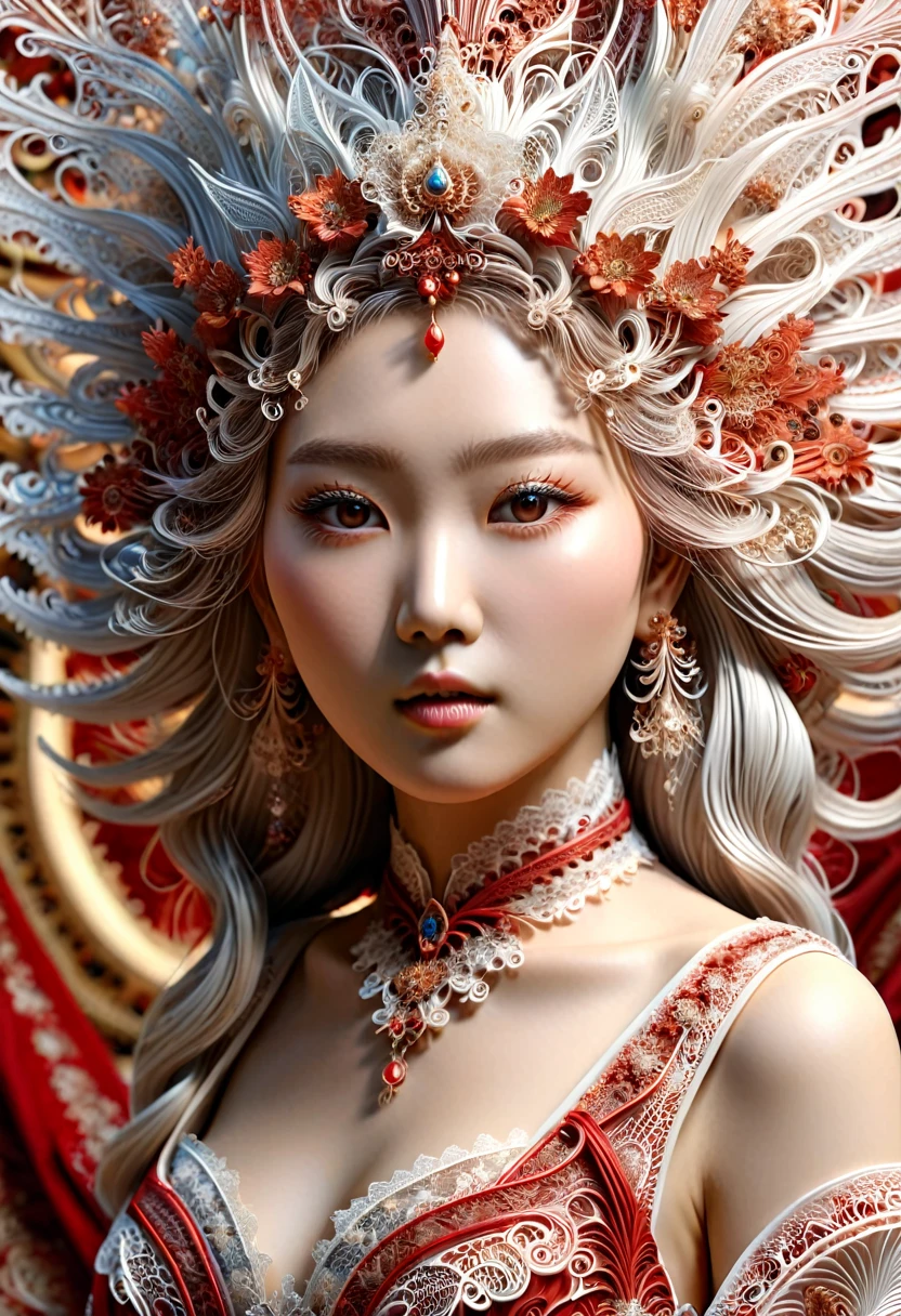 (((Tall Korean Woman, intense and deep pale skin, peau parfaite, en mouvement,  marche, full body, cheveux blanc brillant, cheveux longs et droits, intelligente, long fine lace body dress, robe couleur rouge sang))), ((best quality, extremely detailed:1.8, hyperRéaliste:1.5, photorealistic:1.5, grande profondeur de champ, vue de face, very beautiful 35 year old woman, Prise de vue en direct, low-cut, fine lace body dress, full body and legs)), ((femme debout, she walking to me, cheveux très longs blanc platine, cheveux de couleur blanc platine, quelques tresses, light blood red strapless dress, dentelles fines et délicates, poitrine push-up)), ((detailed asian woman face looking at camera, electric clear white eyes, cheveux long blanc platine)), (photorealistic), sharp eyes, poitrine push-up, very thin waist, jambes longues, longues jambes,  fine and detailed hands, detailed hairstyle, very long white hair,  femme charismatique, charisme, charismatique, sparkling eyes, dentelles fractal, ((cheveux blanc platine brillants, focale 50mm))