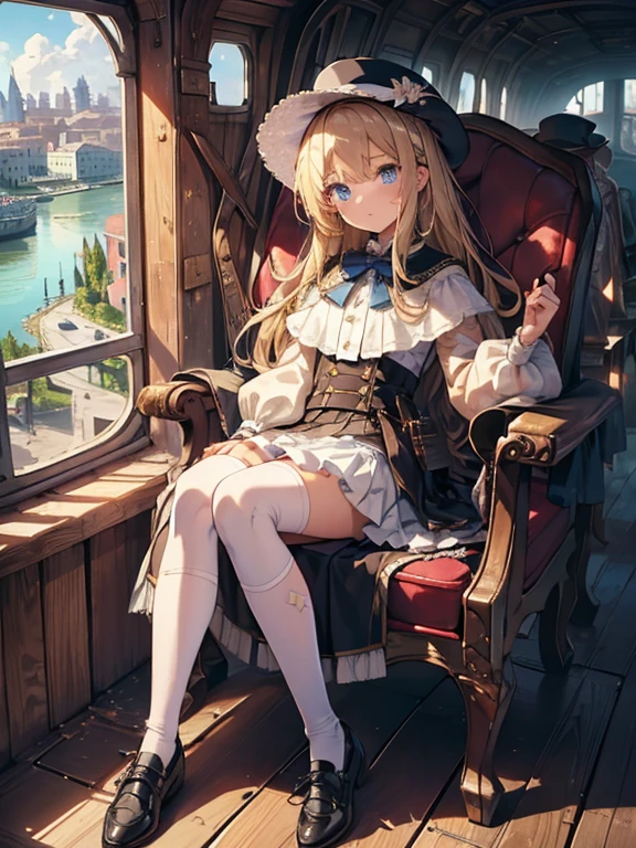 masterpiece, highest quality, Very detailed, 16k, Ultra-high resolution, 8-year-old girl, Detailed face, Perfect Fingers, blue eyes, Blonde, Long Hair, Wide-brimmed feathered hat, Gorgeous white blouse, Luxurious brooches, flare skirt, White High Knee Socks, Enamel shoes, SZ_4po enviroment, Venice cityscape, Waterway, Seats in the gondola, (The girl sits down:1.3)