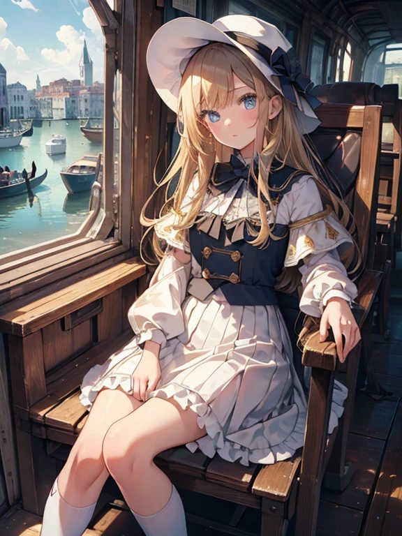 masterpiece, highest quality, Very detailed, 16k, Ultra-high resolution, 8-year-old girl, Detailed face, Perfect Fingers, blue eyes, Blonde, Long Hair, Wide-brimmed feathered hat, Gorgeous white blouse, Luxurious brooches, flare skirt, White High Knee Socks, Enamel shoes, SZ_4po enviroment, Venice cityscape, Waterway, Seats in the gondola, (The girl sits down:1.3)