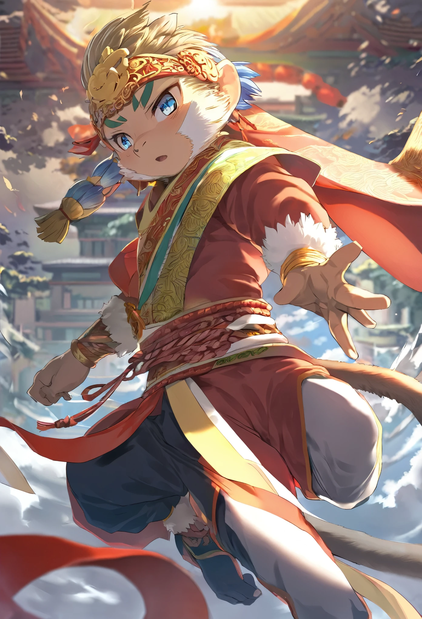 Dynamic Angle, Indian style clothing、male、cool、cool、highest quality, highest quality, High-quality illustrations, masterpiece, Ultra-high resolution, Detailed Background, Detailed Background, Monkey Journey to the West, action, Absurd(Very exquisite beautiful face and eyes)Perfect Anatomy, Performance, Good lighting, Shadows in the movie(kemono, Furry Personification),Watching the audience、Finger Cross、 The left hand has the index and middle fingers crossed。cool、cool