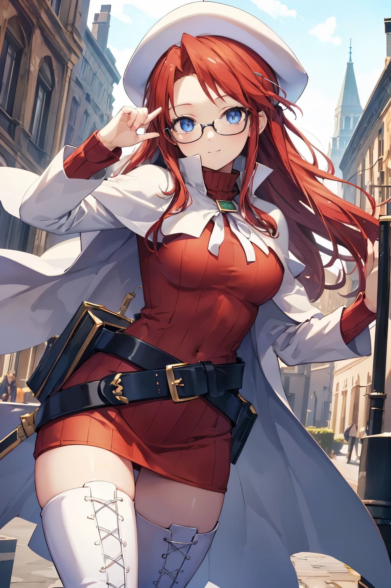 summonnightaty, aty, (young:1.3),long hair, blue eyes, red hair, large_beret, hat, glasses,
BREAK long hair, thighhighs, hat, dress, boots, glasses, belt, cape, sweater, zettai ryouiki, beret, thigh boots, white footwear, ribbed sweater, loose belt,solo,
BREAK outdoors, fantasy,on_cobblestone
,,Highquality_hads,perfect_fingers,
BREAK (masterpiece:1.2), best quality, high resolution, unity 8k wallpaper, (illustration:0.8), (beautiful detailed eyes:1.6), extremely detailed face, perfect lighting, extremely detailed CG, (perfect hands, perfect anatomy),covered_nipples,covered_navel ,half_eyes:,long_sword,armpit,sleepy,dynamic_fighting_pose,barrel,red_sweater,apart_knees,magical_effect,spread_legs, have_a_book,teacher,rise_knee,Smile,rise_hand,