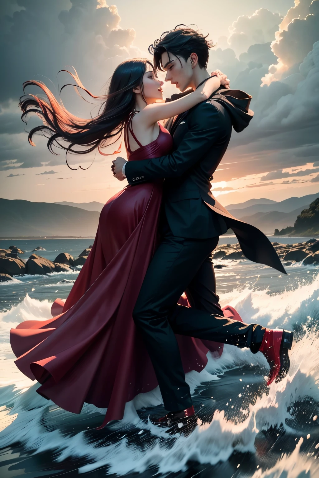 Swirling Whispering Winds, Vivid in Hue and Sharp in Whisper, Plunging into a Turbulent Dance that Roars through the Landscape, Stirring Up a Symphony of Nature's Fury.