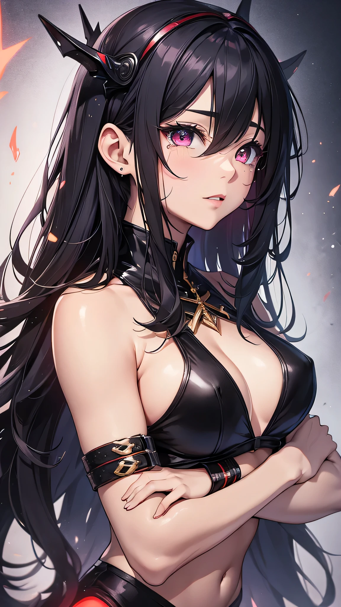 Highest quality、Highest quality、Masterpiece、girl((Metal body,Age 25、as soon as、Highest Bust、Medium Bust、Wide open chest、Red glowing eyes、Black Ear、Red Mesh、Disheveled Hair、Loincloth、thin、The best valley、Open chest、Luminous Wristbands、hair ornaments、Full body view、Black Shirt、Black trousers、scar、cell phone、A little muscular、Watery eye、Tears))、high quality、Beautiful Art、background((night、Concert Hall))、flight、Flying Debris、Depth of text、movie、Visual Arts、Perfect Art、8K、Genuine、