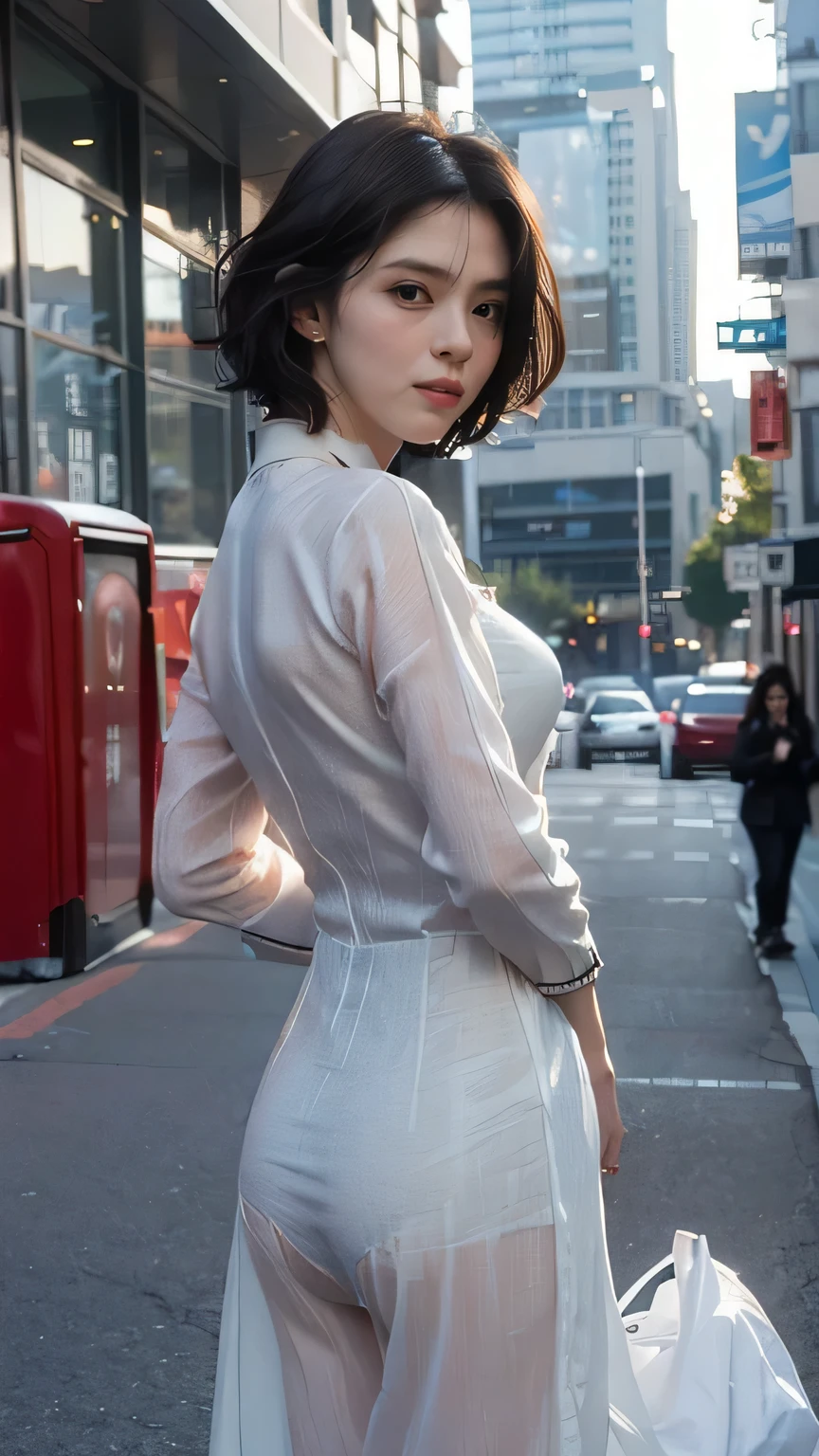 ((Composition from the thighs up)), (((Backwards:2.0, Point your buttocks towards the camera:2.0, Accentuate your butt:2.0))), (((Clothing:2.0, panties under 白いMaxi-length Ao Dai:2.0, See-through:1.5, sneakers:1.8, Maxi-length Ao Dai:1.8))), ((Modern urban streetscape:1.5)), 1 Girl, solo, ((Short Hair:1.2, A grin:1.2)), 18-year-old, 7 heads, Ideal body proportions, Black Hair, With bangs, Small breasts, slender, Small Ass, Beautiful feet, Skinny Legs, Surrealism, Cinematic Lighting, Depth of written boundary, First Person View, F/1.8, 135mm, Ticker, Mastepiece, Curate, ((Anatomically correct:1.3)), Textured skin, Super Detail, High detail, High quality, Awards, Best Quality, High resolution, 8K
