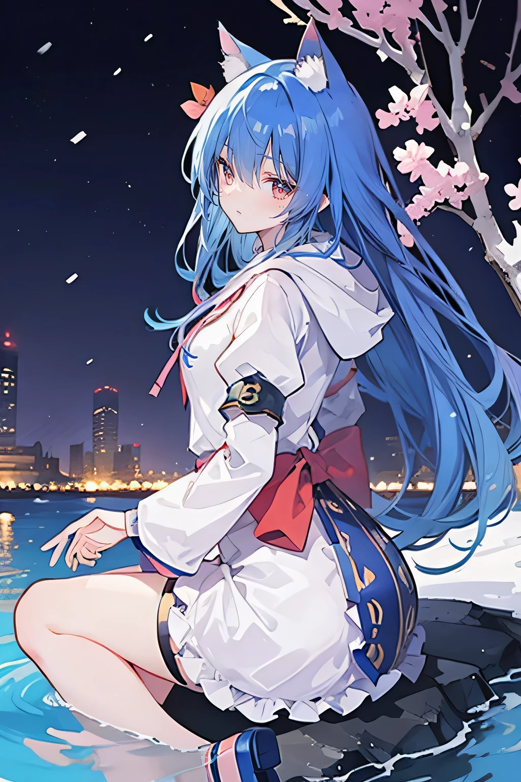 （masterpiece：1.2），Super detailed，lifelike，Expressive eyes，fair skin，perfect face shape，1 girl，
Japanese comics,Gorgeous blue hair,flowing blue hair,flowing clothes,Cat ears,Petals fall,beautiful lola,Baby Angel,
Shaking head with one hand，Cross your legs，Gentle and peaceful background，The pavilion is cool and comfortable,smile, wearing hoodie, background of tokyo,back views,snowing, winter,lie on the water,.