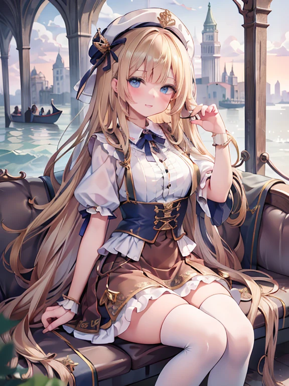 masterpiece, highest quality, Very detailed, 16k, Ultra-high resolution, 14-year-old girl, Detailed face, Perfect Fingers, blue eyes, Blonde, Long Hair, Wide-brimmed feathered hat, Gorgeous white blouse, Luxurious brooches, flare skirt, White High Knee Socks, Enamel shoes, SZ_4po enviroment, Venice cityscape, Waterway, Seats in the gondola, (The girl sits down:1.3)