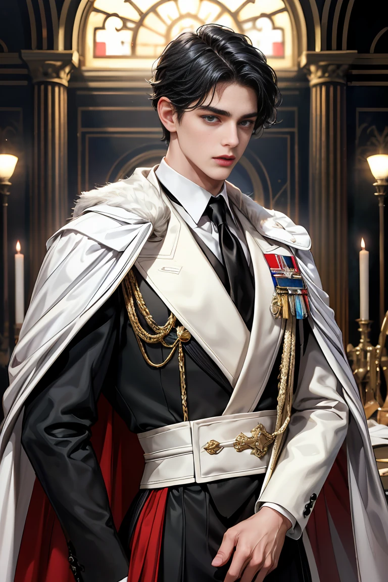 
masterpiece, 最high quality, high quality, 1 boy, alone, Male focus, Watching the audience,  Messy black hair, Adorable big blue eyes, White, Noble, Noble, tuxedo,Sexy Bomber Cape、A very voluminous, large, very large, very large, long, long red and black cape with a high stand-up collar, made of a lot of fabric that reaches down to the floor., ,Cute beautiful boys,Cute, cute, kind, handsome guy