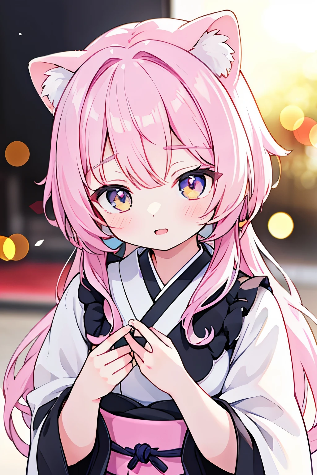 Anime girl with pink hair, Black pupil, 150 centimetres tall, White的猫耳, Cat girl, Lolita style, (best quality,4k,8K,high resolution,masterpiece:1.2),Very detailed,(actual,photoactual,photo-actual:1.37),HDR,Ultra high quality,Studio Lighting,Ultra-fine,Be focused,Physically Based Rendering,Very detailed的描述,professional,Vibrant colors,Bokeh,portrait,Japanese cartoons,charming的,Kawaii,fantasy,magic,Lovely,elegant,beautiful,charming，whole body，JK，White