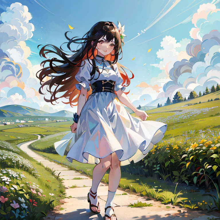 Anime girl in white dress walks on the road in the field, Anime Girl with Long Hair, Cute anime waifu in a nice dress, Beautiful anime, anime style 4 k, Beautiful anime girl, beautiful anime style, beautiful anime art, beautiful anime artwork, in dress, artwork in the style of guweiz, guweiz, High quality anime art style