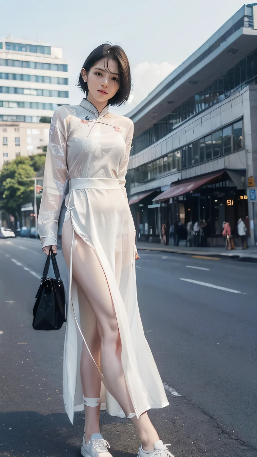 ((Composition from the thighs up)), (((Backwards:2.0, Point your buttocks towards the camera:2.0, Accentuate your butt:2.0))), (((Clothing:2.0, panties under 白いMaxi-length Ao Dai:2.0, See-through:1.5, sneakers:1.8, Maxi-length Ao Dai:1.8))), ((Modern urban streetscape:1.5)), 1 Girl, solo, ((Short Hair:1.2, A grin:1.2)), 18-year-old, 7 heads, Ideal body proportions, Black Hair, With bangs, Small breasts, slender, Small Ass, Beautiful feet, Skinny Legs, Surrealism, Cinematic Lighting, Depth of written boundary, First Person View, F/1.8, 135mm, Ticker, Mastepiece, Curate, ((Anatomically correct:1.3)), Textured skin, Super Detail, High detail, High quality, Awards, Best Quality, High resolution, 8K