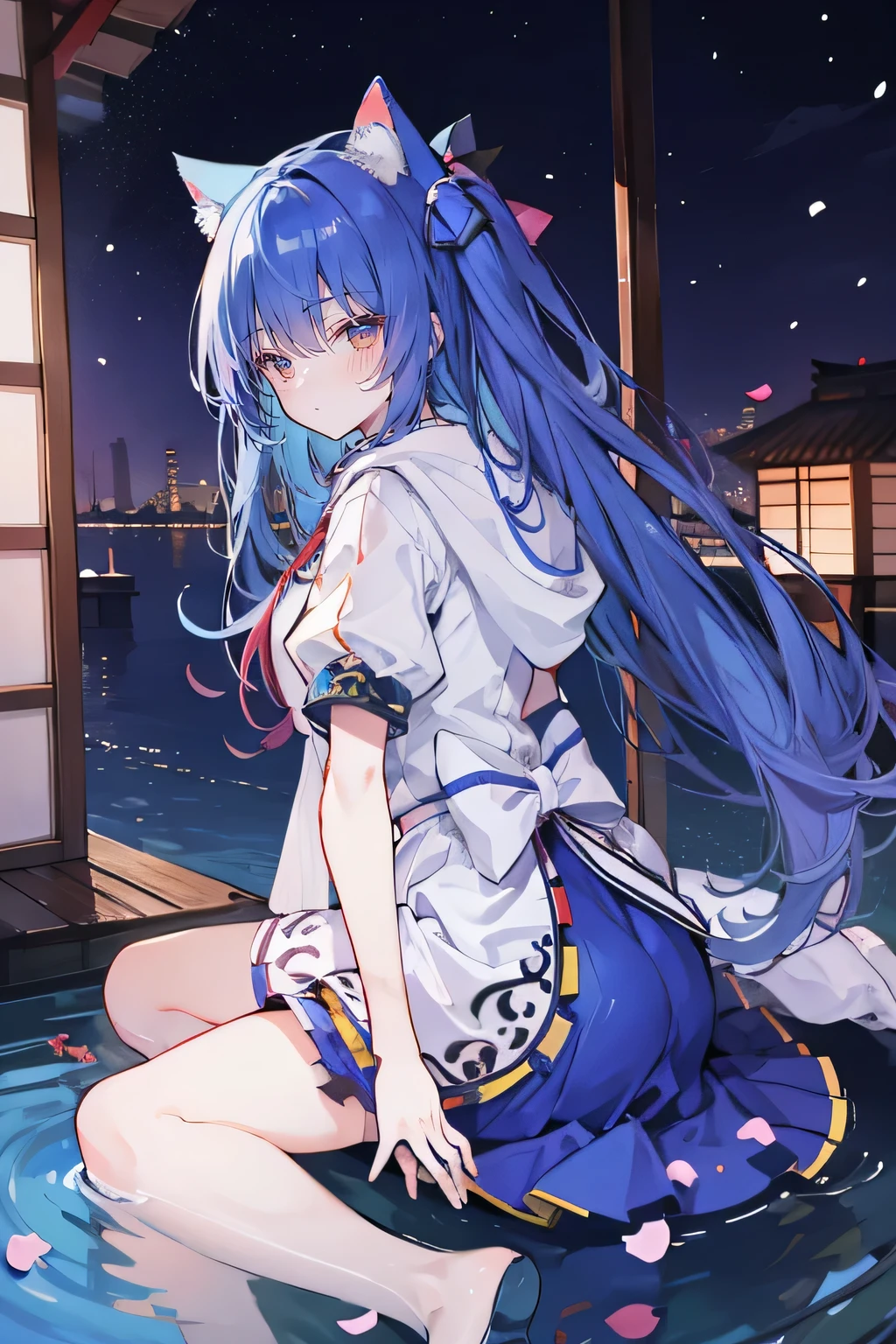 （masterpiece：1.2），Super detailed，lifelike，Expressive eyes，fair skin，perfect face shape，1 girl，
Japanese comics,Gorgeous blue hair,flowing blue hair,flowing clothes,Cat ears,Petals fall,beautiful lola,Baby Angel,
Shaking head with one hand，Cross your legs，Gentle and peaceful background，The pavilion is cool and comfortable,smile, wearing hoodie, background of tokyo,back views,snowing, winter,lie on the water,.