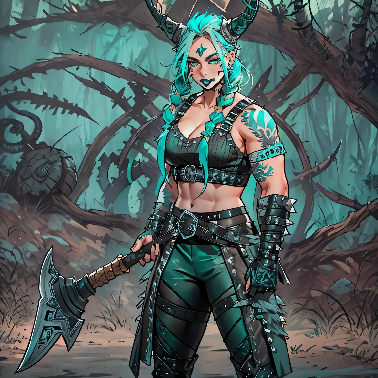 Rhea Ripley as a muscular female gothich viking, wearing leather gothic viking clothes, has long spiky pigtails, has spikes, wearing a horned viking helmet, teal hair, black lipstick, masculine, muscular, has brown clothing, has a viking axe
