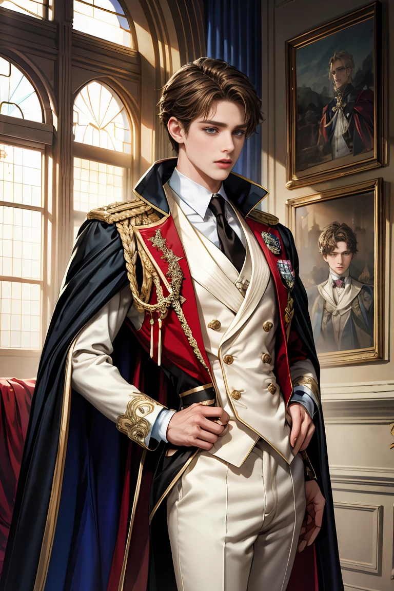 masterpiece, 最high quality, high quality, 1 boy, alone, Male focus, Watching the audience, Messy brown hair, Adorable big blue eyes, White, Noble, Noble, Beautiful tailcoat、A very voluminous, large, very large, very large, long, long red and black cape with a high stand-up collar, made of a lot of fabric that reaches down to the floor., 17 years old,Cute beautiful boys,Cute, cute, kind, handsome guy