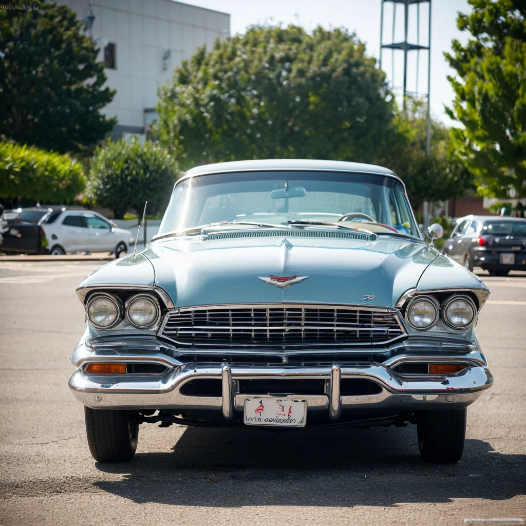 1959 Chevy Impala 348 Three Deuces COLOR BLACK METALLIC REFLECTIVE, reflete tudo ao seu redor, The wheels are thick, tem RODA ESTRELA LARGA DOURADA, The front wheel is on fire, There's a pretty girl with perfect face, Linda, Linda, com vestido e salto alto, She's sitting on the front hood, foto de corpo inteiro, Diagonal angle, dentro de uma garagem simples com paredes brancas, obra prima, Ultra realista, foto inteira, enquadrado perfeito na foto, imagem de cinema, artistic work