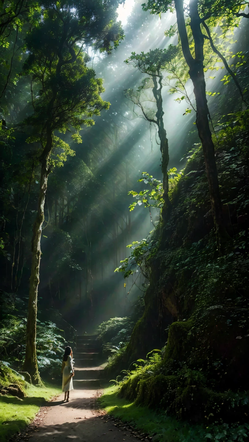 (best quality,4k,8K,High resolution,masterpiece:1.2),Extremely detailed,Practical:1.37,Girl in the primeval forest,Anatomically correct,beautiful,Depth of Field,Tyndall effect,Lush greenery,Ethereal atmosphere,Dappled sunlight,Bizarre plants,Wildflowers,dense foliage,Ancient Trees,majestic fern,Vibrant moss covered rocks,Misty fog,Dark Shadows,Peaceful atmosphere,Mysterious atmosphere,Mysterious creatures peering from the shadows,Dreamlike environment,Enchanted Forest,Nature&#39;s Whisper,Subtle hint of magic,The leaves rustle gently,Magical sunlight shining through the tree canopy,magic realm,haven of tranquility,charming beauty,Fusion of texture and color,Magnificent,Silent tranquility