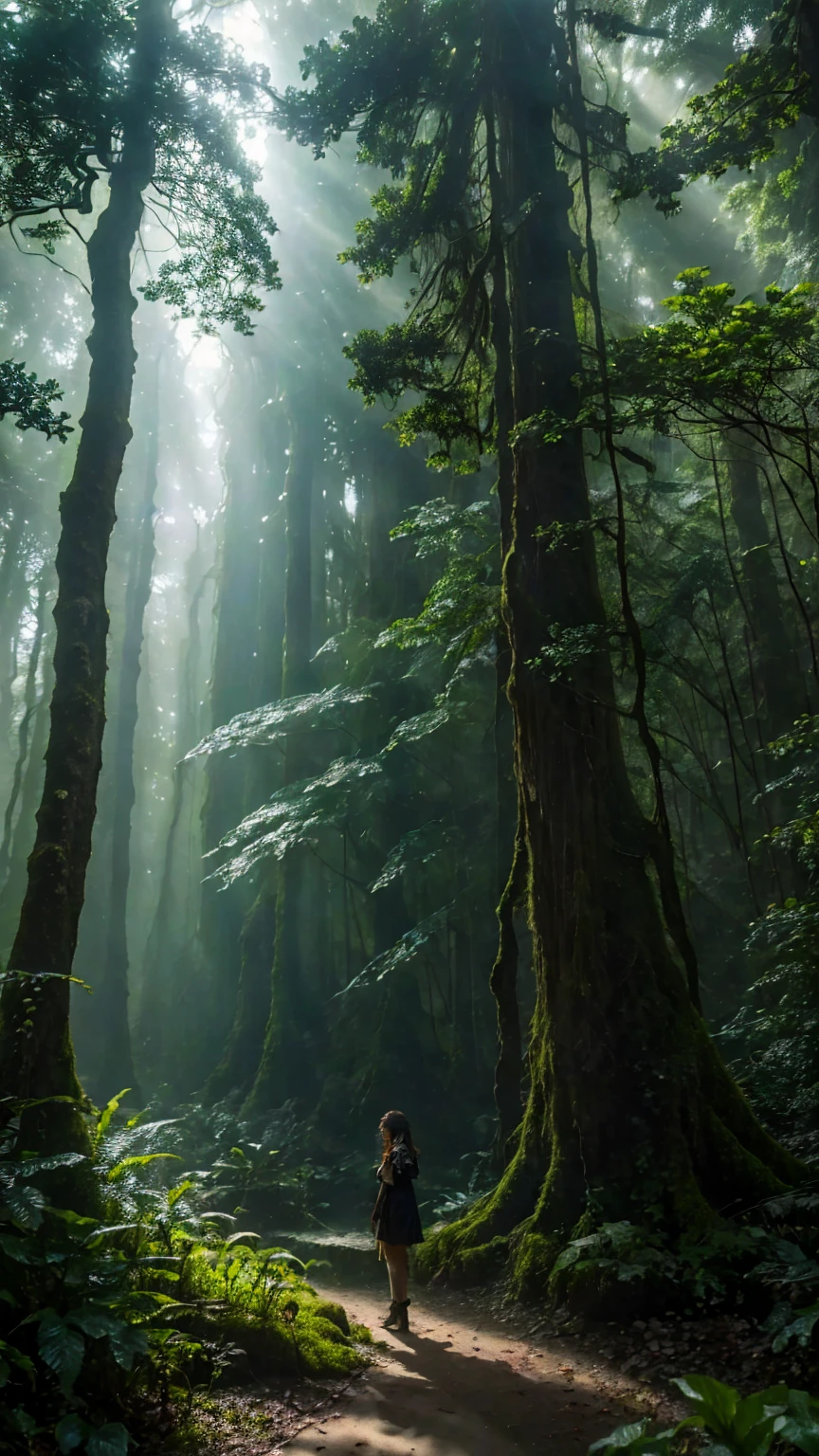 (best quality,4k,8K,High resolution,masterpiece:1.2),Extremely detailed,Practical:1.37,Girl in the primeval forest,Anatomically correct,beautiful,Depth of Field,Tyndall effect,Lush greenery,Ethereal atmosphere,Dappled sunlight,Bizarre plants,Wildflowers,dense foliage,Ancient Trees,majestic fern,Vibrant moss covered rocks,Misty fog,Dark Shadows,Peaceful atmosphere,Mysterious atmosphere,Mysterious creatures peering from the shadows,Dreamlike environment,Enchanted Forest,Nature&#39;s Whisper,Subtle hint of magic,The leaves rustle gently,Magical sunlight shining through the tree canopy,magic realm,haven of tranquility,charming beauty,Fusion of texture and color,Magnificent,Silent tranquility