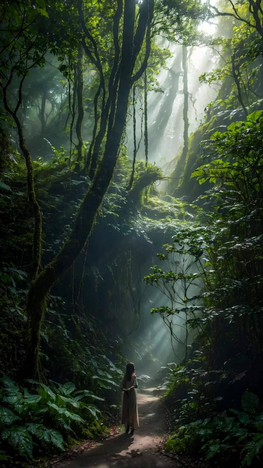 (best quality,4k,8K,High resolution,masterpiece:1.2),Extremely detailed,Practical:1.37,Girl in the primeval forest,Anatomically correct,beautiful,Depth of Field,Tyndall effect,Lush greenery,Ethereal atmosphere,Dappled sunlight,Bizarre plants,Wildflowers,dense foliage,Ancient Trees,majestic fern,Vibrant moss covered rocks,Misty fog,Dark Shadows,Peaceful atmosphere,Mysterious atmosphere,Mysterious creatures peering from the shadows,Dreamlike environment,Enchanted Forest,Nature&#39;s Whisper,Subtle hint of magic,The leaves rustle gently,Magical sunlight shining through the tree canopy,magic realm,haven of tranquility,charming beauty,Fusion of texture and color,Magnificent,Silent tranquility