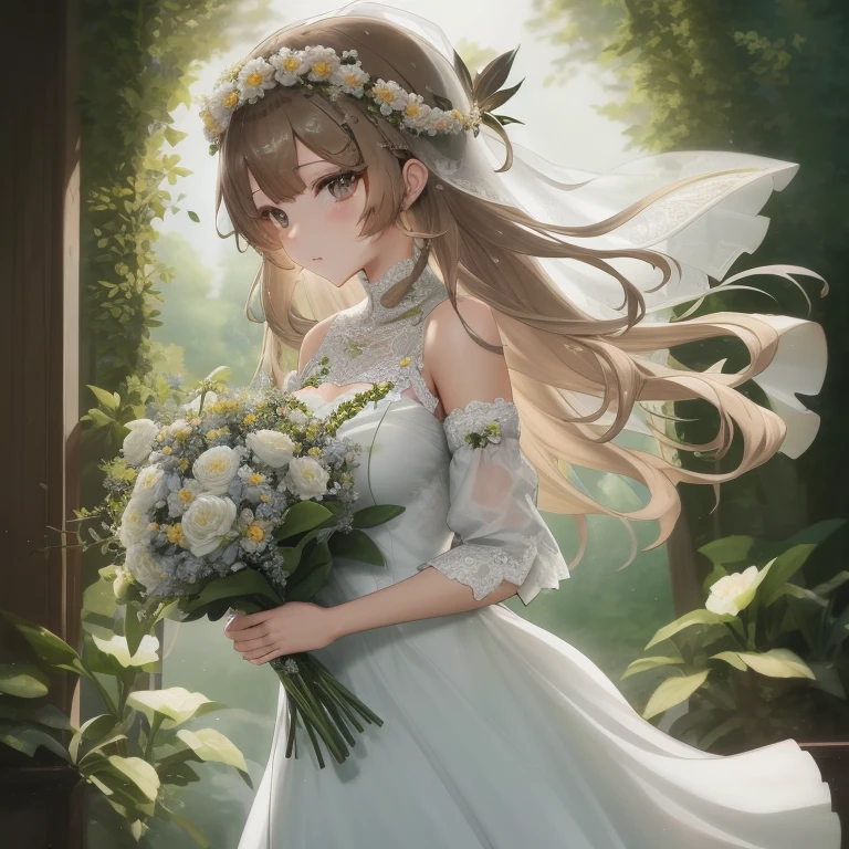 Anime girl in wedding dress with bouquet of flowers, guweiz, guweiz on pixiv artstation, guweiz on artstation pixiv, Beautiful maiden, artwork in the style of guweiz, with flowers,  in dress, Cute anime waifu in a nice dress, guweiz masterpiece, Rin, Beautiful Anime Portrait