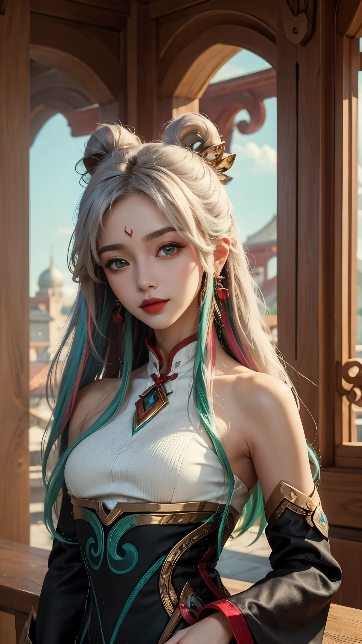 (masterpiece, best quality:1.2), intricate details, mythmaker irelia, 1girl, hair ornament, hair rings, bare shoulders, dress, detached sleeves, forehead mark, multicolored hair, white hair, earrings, green eyes, textured skin, looking at viewer, solo, light smile, (mature female:1.2)