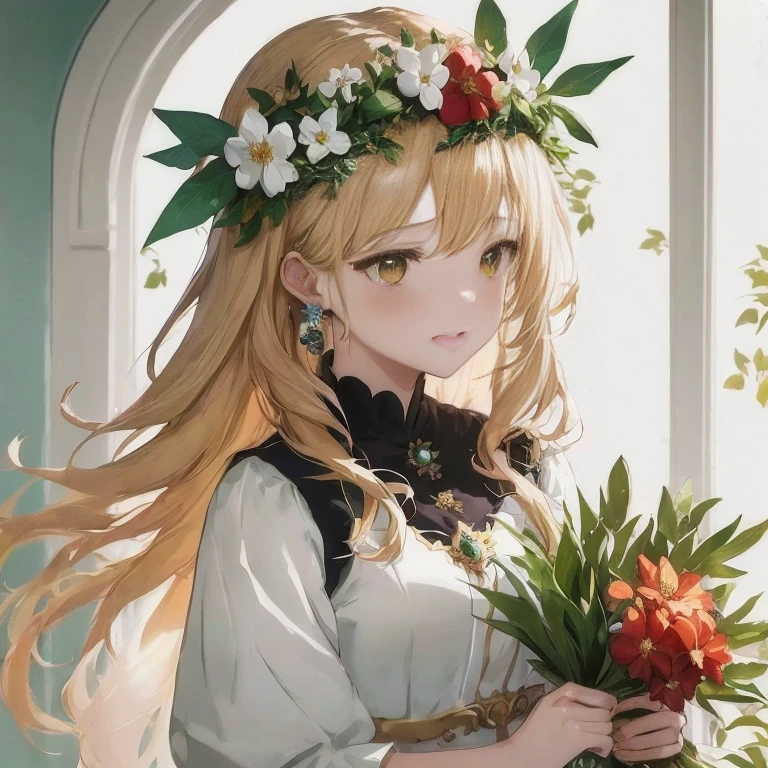 Anime girl with a crown of flowers in front of the window, blonde - haired princess, Beautiful Anime Portrait, Beautiful anime girl, blonde anime girl with long hair, She has a crown of flowers, pretty anime girl, guweiz, Violet Evergarden, Cute anime waifu in a nice dress, Anime visuals of cute girls, Beautiful maiden, Cute anime girl