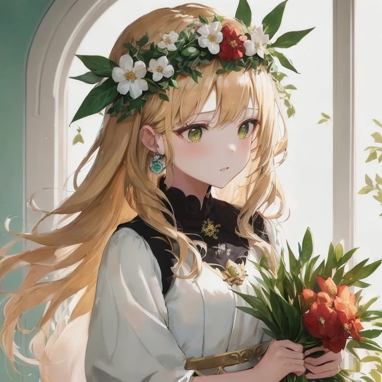 Anime girl with a crown of flowers in front of the window, blonde - haired princess, Beautiful Anime Portrait, Beautiful anime girl, blonde anime girl with long hair, She has a crown of flowers, pretty anime girl, guweiz, Violet Evergarden, Cute anime waifu in a nice dress, Anime visuals of cute girls, Beautiful maiden, Cute anime girl