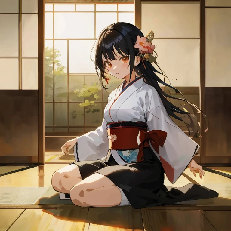 anime girl sitting on the floor in a kimono outfit, beautiful anime girl squatting, the anime girl is crouching, Anime visuals of cute girls, in a kimono, young anime girl, in a kimono, Smooth Anime CG Art, anime moe art style, Beautiful anime girl, artwork in the style of guweiz, painted in anime painter studio, Rin