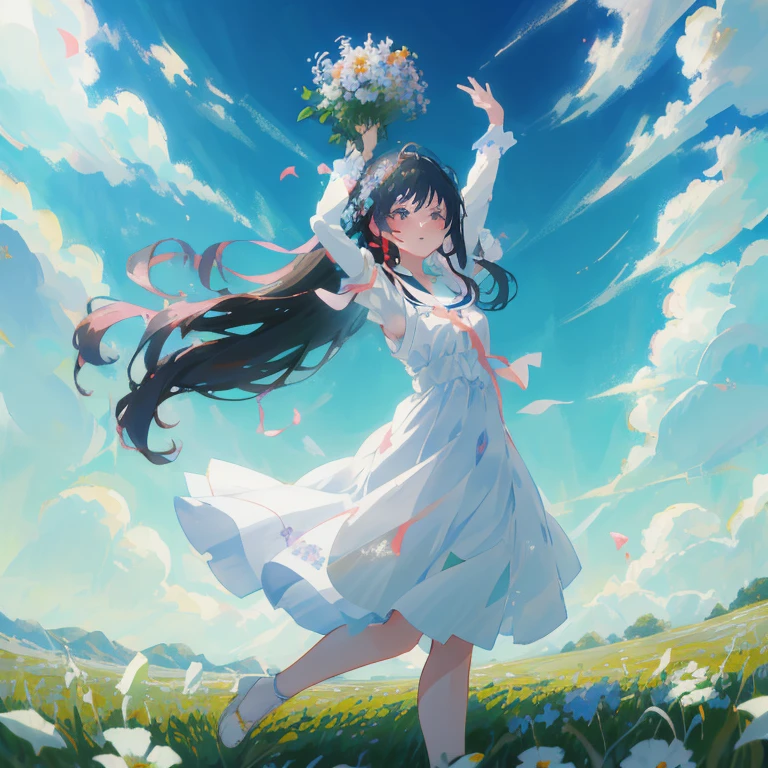 Anime girl in white dress with flowers in field, girl dancing in a flower field, Beautiful anime, Smooth Anime CG Art, guweiz on pixiv artstation, guweiz, beautiful anime art, beautiful anime artwork, Anime visuals of cute girls, Anime art wallpaper 8k, guweiz on artstation pixiv