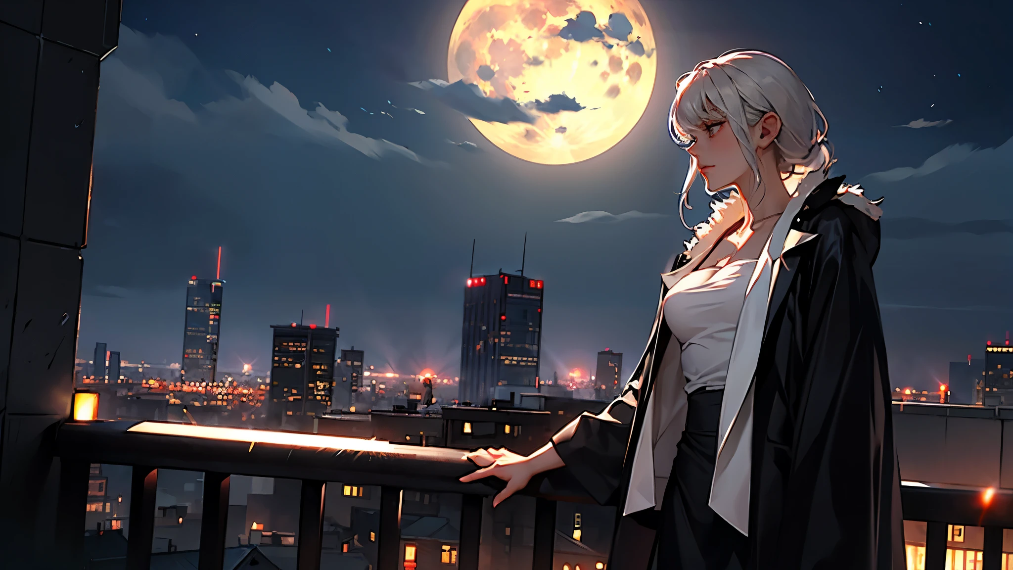 An anime girl with a katana stands on the edge of a tall rooftop, overlooking a sprawling city illuminated by neon lights. The full moon casts a silvery glow on her determined face, and her dark cloak billows in the night breeze. Below, the city buzzes with life, unaware of the imminent clash about to unfold above.