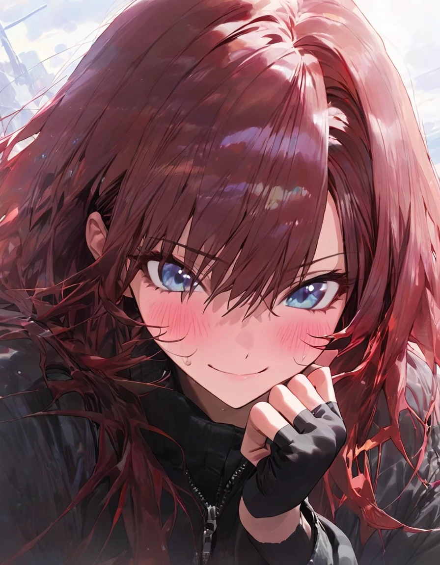 by modare, ((top quality)), ((masterpiece)), ((Super detailed)), 1 girl, blue eyes, brown hair, long hair with bangs, dressed in a black T-shirt and black jeans, upper body, wearing a black raincoat unbuttoned, fingerless black gloves, flowing hair, looking down at the viewer, very embarrassed, awkward smile, sweat on her face, dynamic, beautiful, detailed, in detail, gentle tones