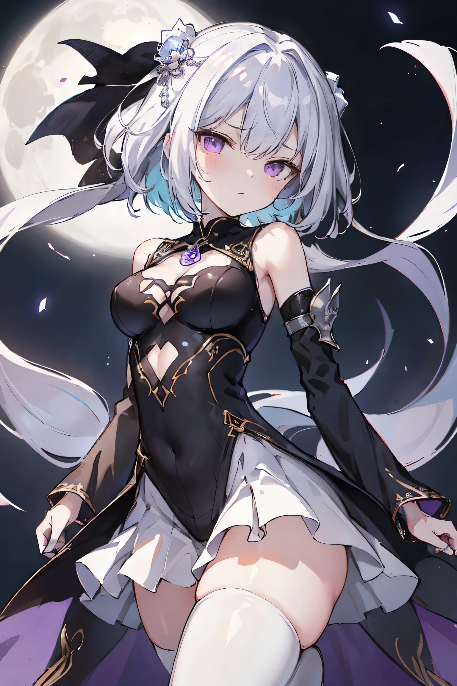 1girl, anime, cute girl, blank background, white background, fantasy, detailed fantasy dress with highlights, beautiful face, beautiful eyes, dark colors, black hair with multicolor streaks, red eye with different color pupil in eye, multicolor eye, medium , slight cleavagiful skin, cute, breast curtainsemely delicate and beautiful, (beautiful detailed face:1.0), (detailed deep eyes), symmetrical breasts, deep eyes, sin, portrait, slender waist, hips wider than shoulders, thighs, expressionless, young girl, luminous eyes, adorable,(Kpop idol),(aegyo sal:1),(Platinum blonde hair:1),((puffy eye)),Black panty,sexyture,Superskirt, Uhigh rlution,Black collar,slim figure, Abdominal y tattoo, womb tattoo,Tight-fitting leg ring,y tattoo on half-body,Bare skin, Armored hand,Hidden fingertips,Hand covered,Arm covered,Fist covered,{{beautiful detailed fingers}}, tufts of hair, moderate beautiful breast:1.0,(masterpiece:1.2), best qualigh-res, HDR, perfect face, intricate armor, delicate blue filigree, intricate filigree, red metalic parts, detailed part, dynamic pose, dynamic lights, cute face, neutral expression, shuimobysim, lotus, hanfu, maxi skirt, dress conservatively 1girl, solo, long blue hair, standing, One lady,14years,((White hair) ,(Shiny purple bodysuit h microskirt),((Fantasy, Moon Night))