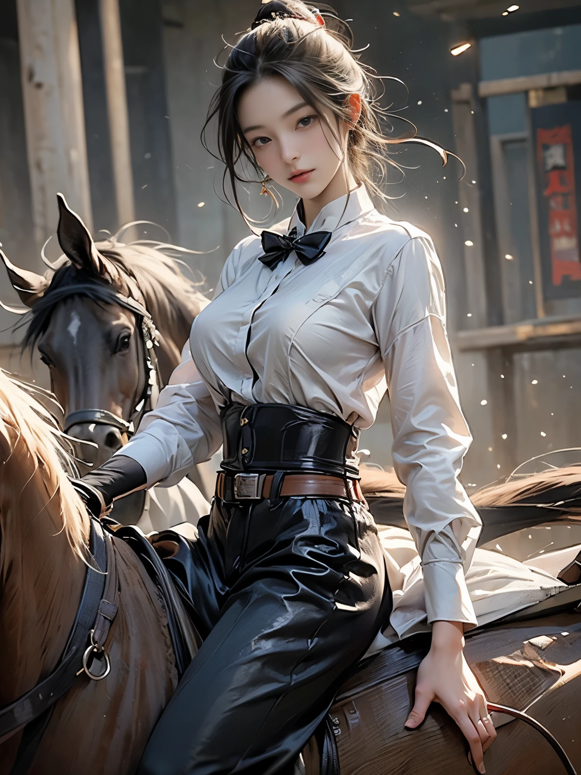 Zerg Queen Beautiful Girl: Ranlinger, 18 years old, (horse riding騎手:1.3), Messy Hair, oil, Romanticism painting, beautiful Perfect Face, Soft Skin, Perfect Face, Yasutomo Oka's painting style, Big Breasts, Add light purple and purple, Add Light Red, Intricate details, Splash screen, 8K resolution, masterpiece, (horse riding:1.8), Disheveled Hair, {(horse riding服, Formal wear:1.8), Riding, Outdoor riding arena:1.4}