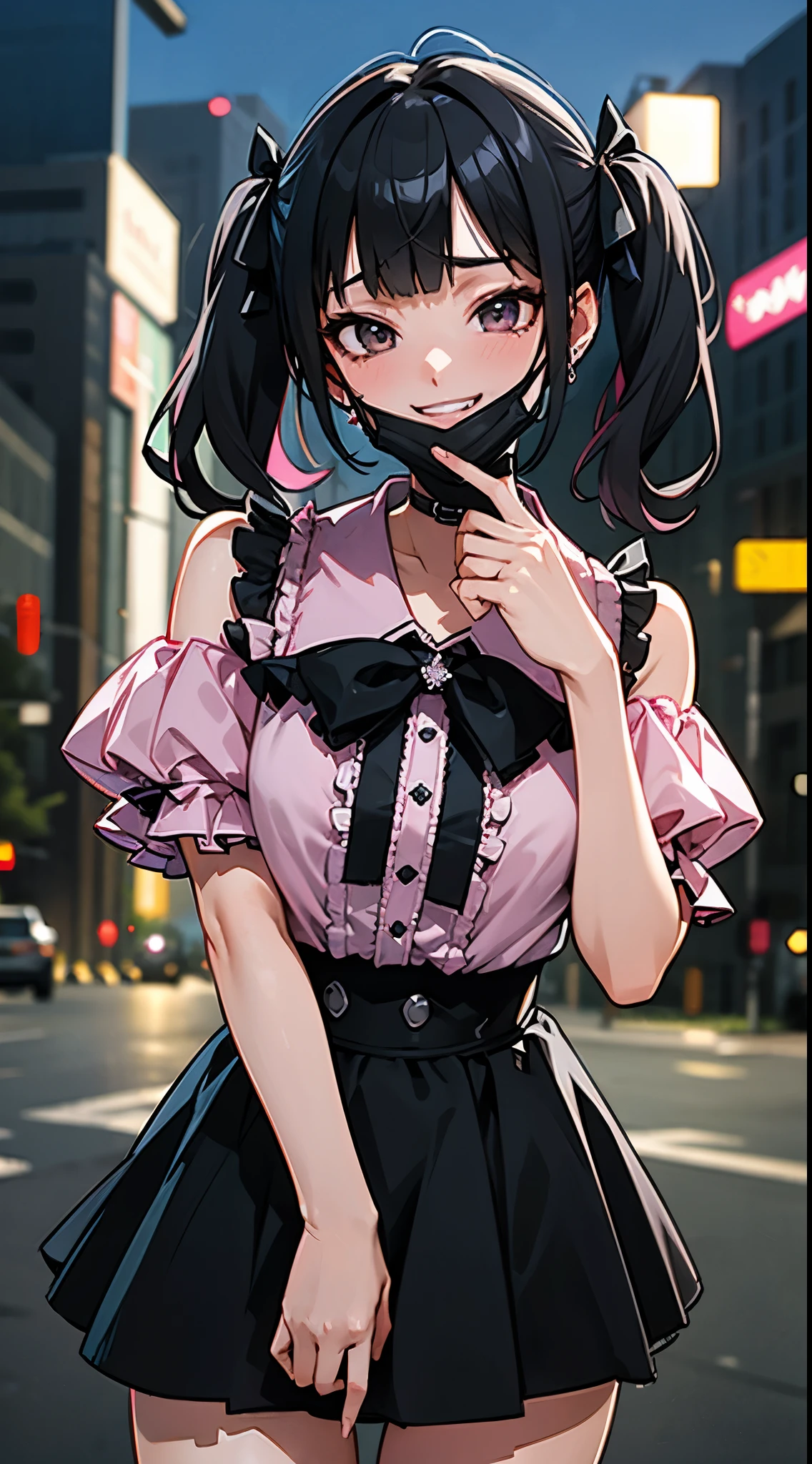 (8K、Top image quality、top-quality、​masterpiece)、A detailed face、1 girl in、Dark hair、((twintails))、blunt bangs、short-hair、waved hair、Gray eyes、piercings、evil smile、smirk grin、mask_pull、Moderately breasts、((pink clothing))、frilld、a black ribbon、Black miniskirt、frilld、jirai kei attire、cowboy  shot、Downtown background at night