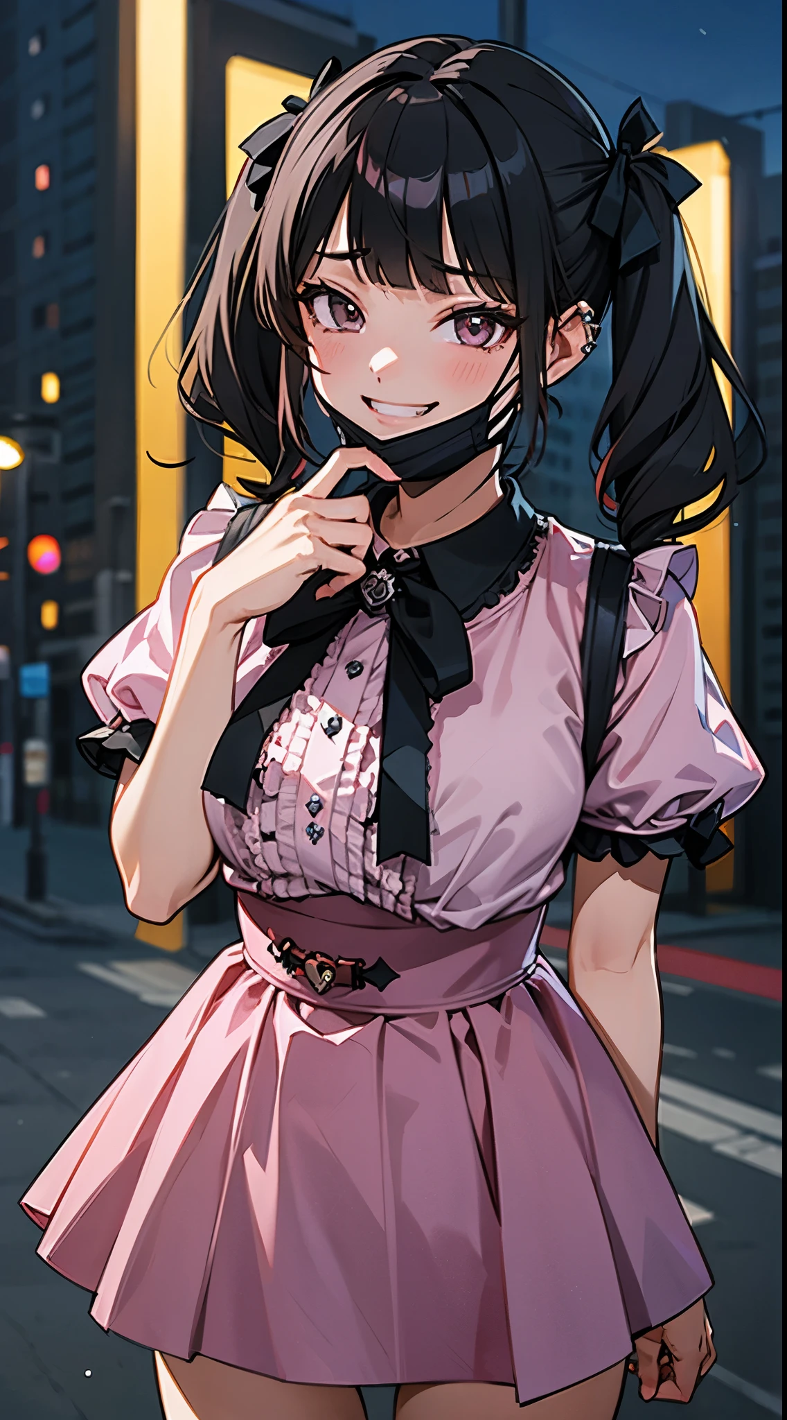 (8K、Top image quality、top-quality、​masterpiece)、A detailed face、1 girl in、Dark hair、((twintails))、blunt bangs、short-hair、waved hair、Gray eyes、piercings、evil smile、smirk grin、mask_pull、Moderately breasts、((pink clothing))、frilld、a black ribbon、Black miniskirt、frilld、jirai kei attire、cowboy  shot、Downtown background at night