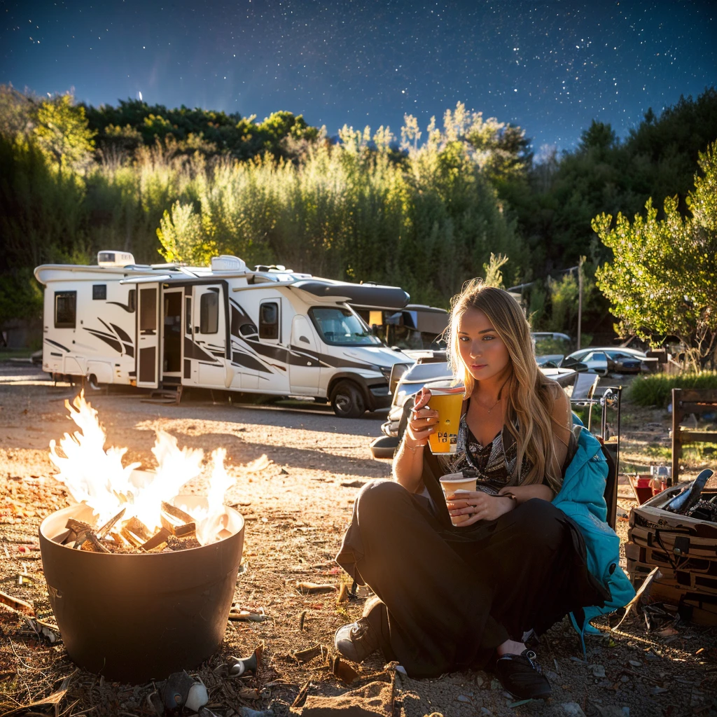 (8K, 16 K, awardwinning, Best Quality, hight resolution, high details, Anatomically correct, Textured skin, masterpiece:1.3),(Motorhome:1.3), Large dog golden retriever, (1 girl:1.4), Solo, Campfire, tarp tent, bonfire, mug, steam, night, starry sky, shooting star, girl drinking coffee, realistic hands, angelinak