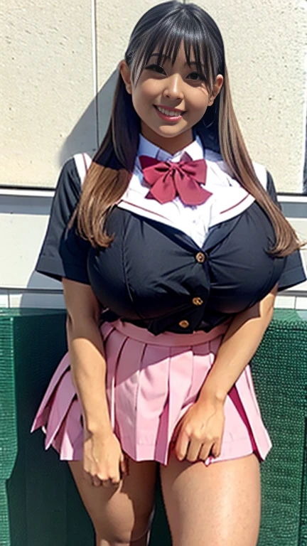 Super huge breasts, Gyaru, ditail lips, pink lips, long hair, cleavage of breasts, smile, beautiful asian girl, short skirt, gal, shining skin, brown hair, dark skin, tanned skin, brown skin, gigantic breasts, JK , hi-school girl, school student uniform, muscular, muscular legs, long legs, shining legs, chest bulge, 1 girl