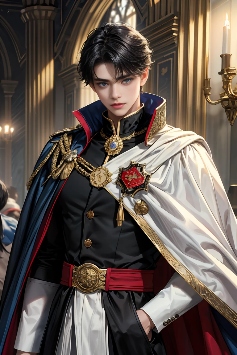masterpiece, 最high quality, high quality, 1 boy, alone, Male focus, Watching the audience, Messy black hair, Adorable big blue eyes, White, Noble, Noble,Sexy Bomber Cape、A very voluminous, large, very large, very large, long, long red and black cape with a high stand-up collar, made of a lot of fabric that reaches down to the floor., 17 years old,Cute beautiful boys,Cute, cute, kind, handsome guy