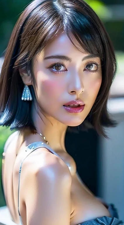 Best image quality、highest quality、8k、White tube top、Denim hot pants、G-Cup、I can see her cleavage、45-year-old Japanese middle-aged woman、Fine wrinkles on the face、Black stiletto heel、walk、Resort Beach、Big earrings、Dark brown short bob、Realistic Hair、Realistic skin texture、Detailed face、Looking into the camera、Trance、I opened my mouth、Nipples are visible、Photo from the belly button up、Slightly loose skin、Cheeks are a little red