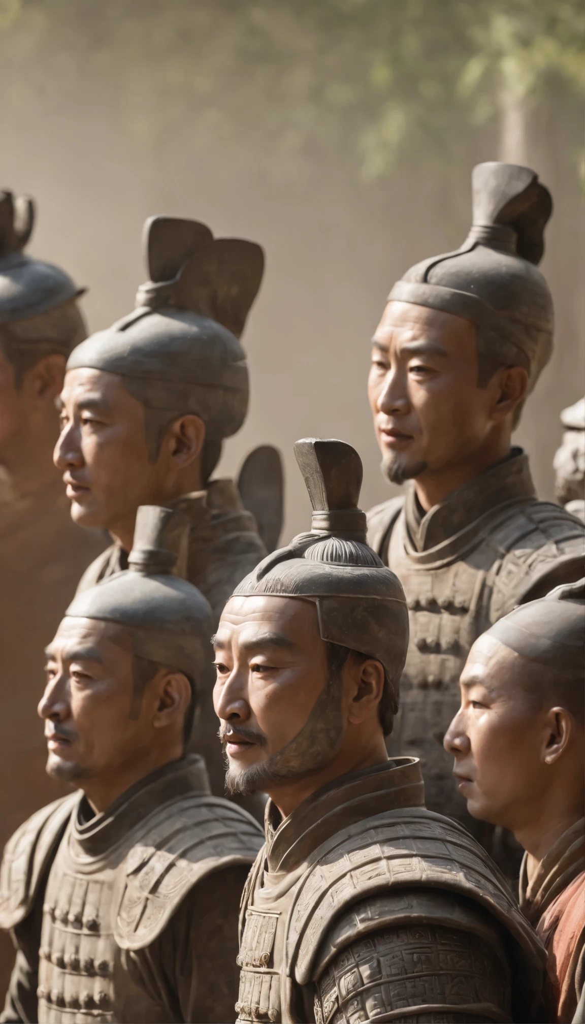 With exquisitely rendered cinematic images、The tomb of Qin Shi Huang emerges in high resolution。The covered Terracotta Warriors Exhibition Hall, a testament to the grandeur of ancient Chinese aristocracy, stood glittering.。With ultra-wide-angle lens、The intricate details of the Terracotta Warriors and their ornate Buddhist ornamentation are captured in breathtaking detail.、The magnificent craftsmanship of the time was on display.。 The warriors have vivid expressions and meticulously sculpted armor.、Rendered with photorealistic accuracy、Their faces show a depth of emotion that speaks to their artistry.。