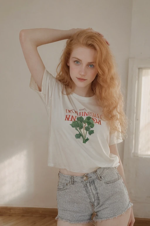 Irish), (swiss) and (Czech), 19 year old pale skin, voluminous strawberry blonde hair ,beauty, beautiful girl, thin, skinny, beauty, beautiful girl, hard contrast, hard shadows, hard light, smirk, beautiful ,makeup, apartment, arm raised, floor, wearing oversized tshirt,shorts,