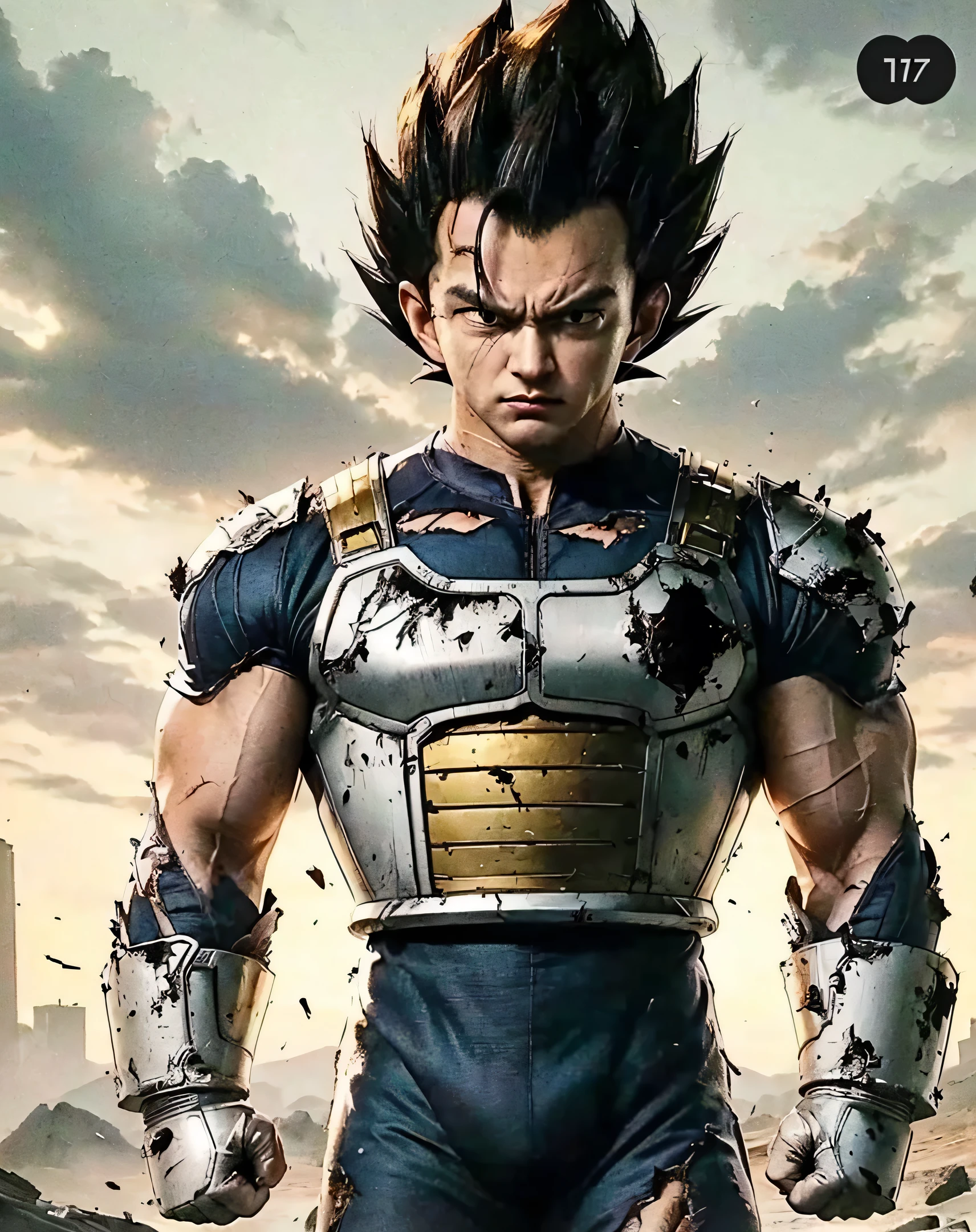 Vegeta broken suit armor with scar and angry face, convert to real life look