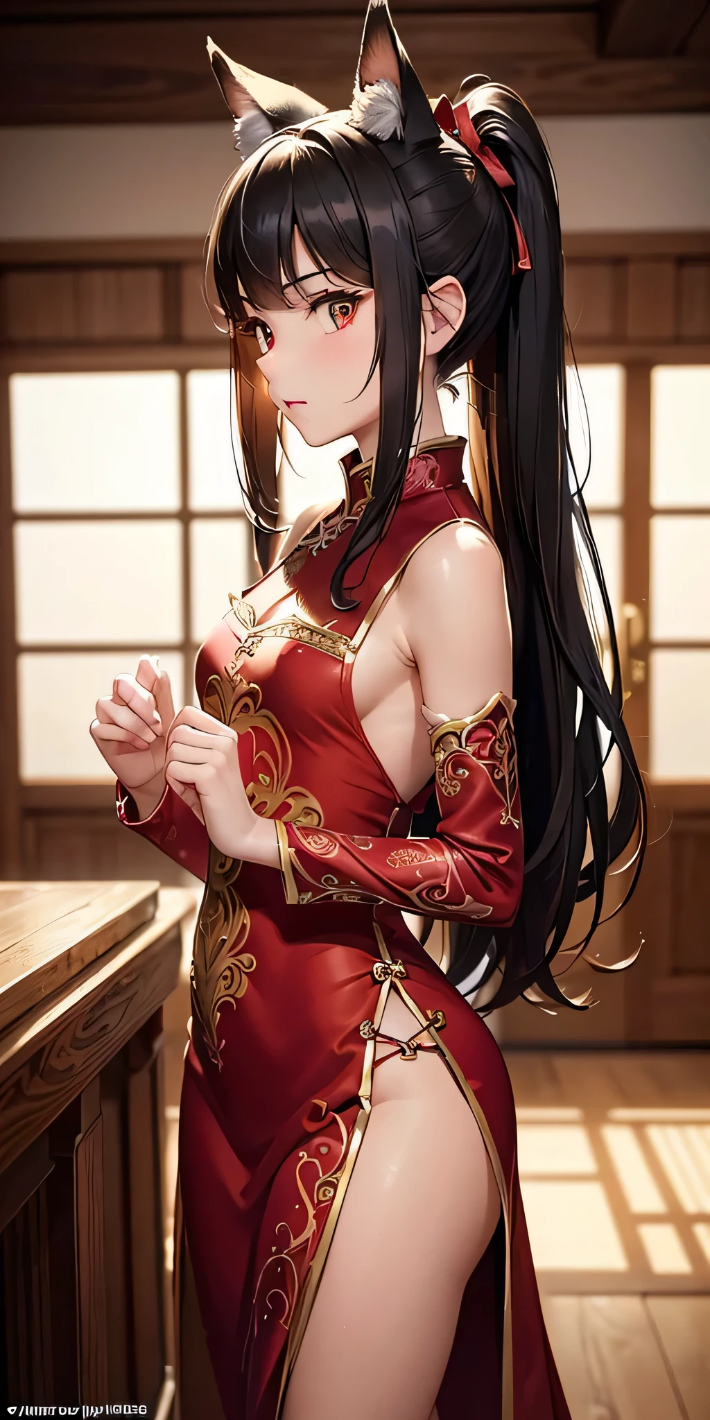 (((professional: Step by step, taking into account even the smallest detail, God-level final result, all intricate details, cowboy shot, solo 1girls))): "1 fox girl, ruby eyes, fox ears, fox tail, high ponytail, smug, cute, black china dress, side full body, pelvic curtain, thigh ribbon, (pumps:1), (hugging own leg:1.1), chinese style, indoors, sharp focus, looking at viewer, (intricate:1.3), red light theme, (orange tone:0.7), illustration, "