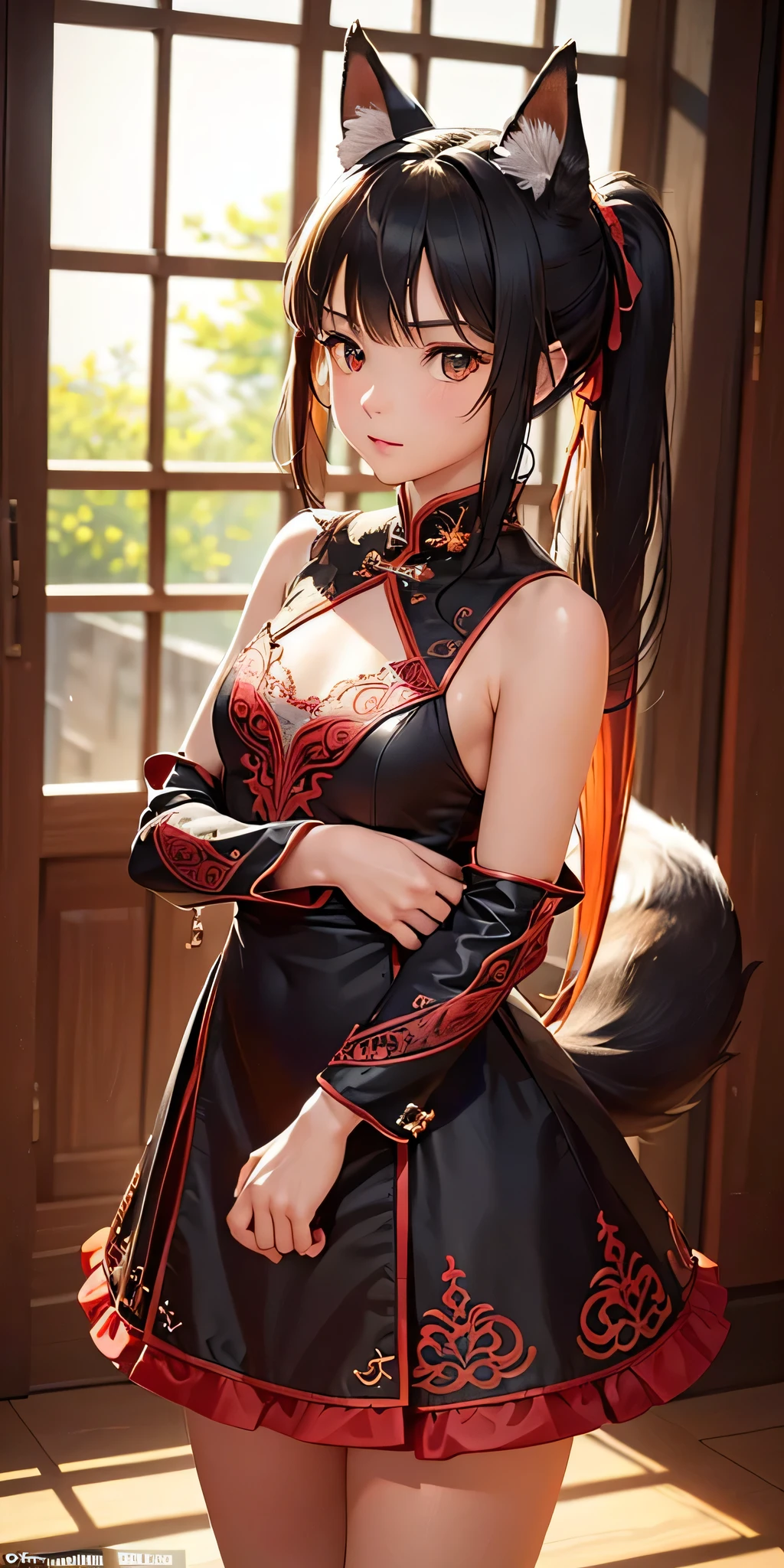 (((professional: Step by step, taking into account even the smallest detail, God-level final result, all intricate details, cowboy shot, solo 1girls))): "1 fox girl, ruby eyes, fox ears, fox tail, high ponytail, smug, cute, black china dress, side full body, pelvic curtain, thigh ribbon, (pumps:1), (hugging own leg:1.1), chinese style, indoors, sharp focus, looking at viewer, (intricate:1.3), red light theme, (orange tone:0.7), illustration, "