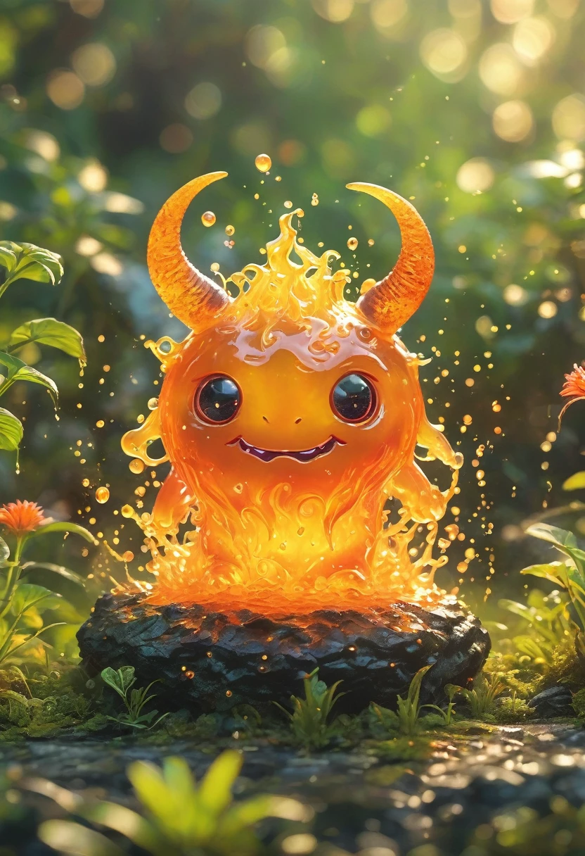 Best quality, Very good, 16K, Ridiculous, extremely detailed, Cute round slime demon,Has horns made of translucent boiling lava., Background pasture((masterpiece, full of fantasy elements.))), ((Best quality)), ((complex parts))(8K)