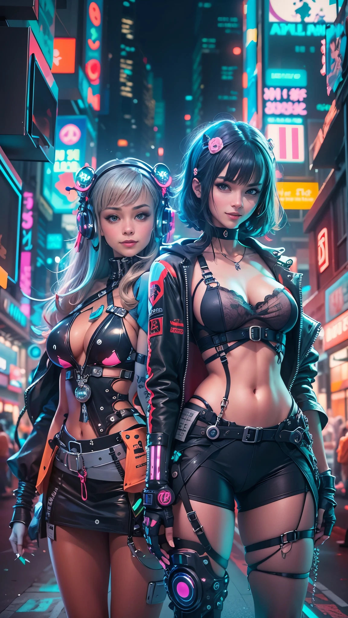 masterpiece, best quality, 2 ((Smile)) Cyberpunk girls standing together, Harajuku-style cyberpunk body harness, Bold colors and patterns, Eye-catching accessories, Stylish and novel hairstyle, Dazzling cyberpunk cityscape, Skyscraper, Glowing neon lights, LED lights, Anime Illustrations, Delicate skin texture, Detailed fabric texture, Beautiful and delicate face, Intricate details, Super detailed, movie lighting, Strong contrast.