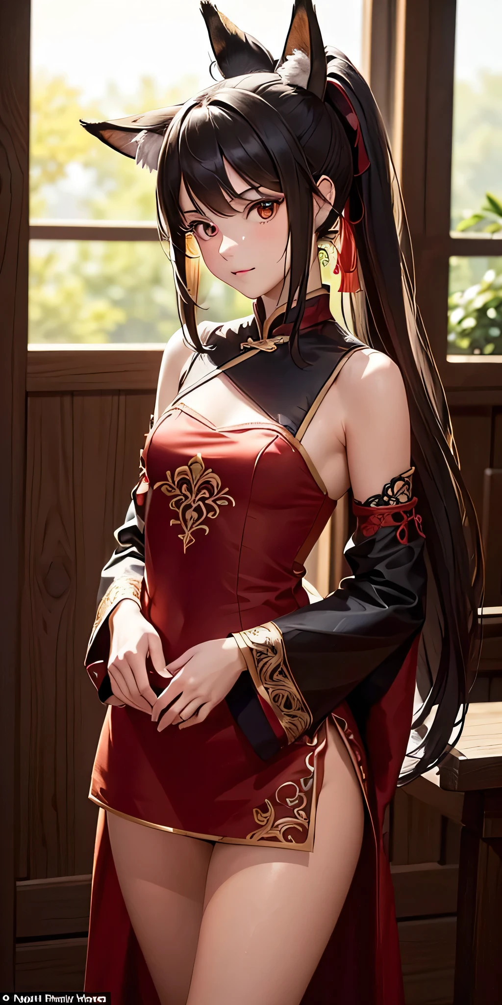 (((professional: Step by step, taking into account even the smallest detail, God-level final result, all intricate details, cowboy shot, solo 1girls))): "1 fox girl, ruby eyes, fox ears, fox tail, high ponytail, smug, cute, black china dress, side full body, pelvic curtain, thigh ribbon, (pumps:1), (hugging own leg:1.1), chinese style, indoors, sharp focus, looking at viewer, (intricate:1.3), red light theme, (orange tone:0.7), illustration, "