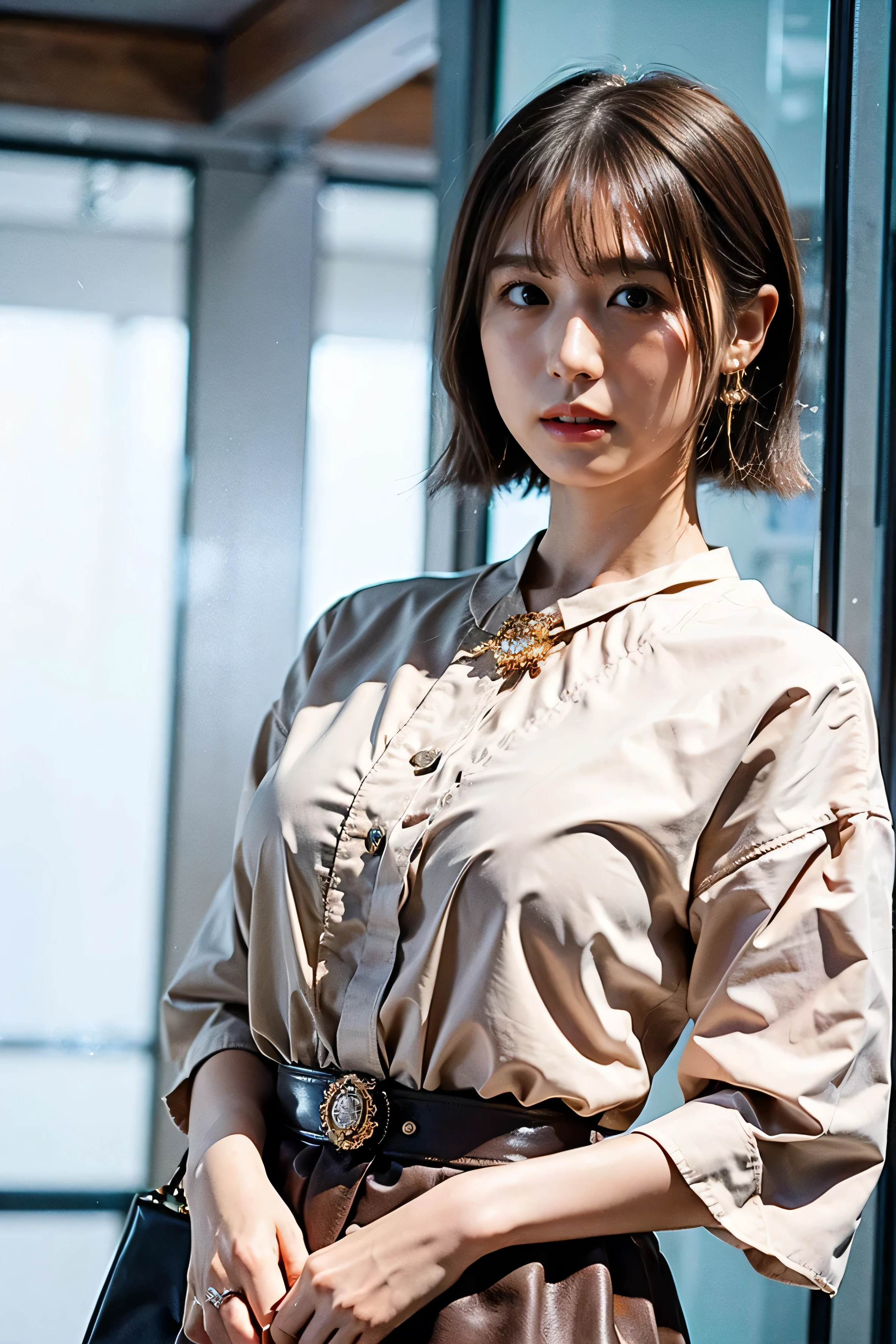 ((Small earrings、Background Blur、The background is an urban city、night、Neon Street、Colorful illumination、:1.4))、Big Tits、Luxurious leather belt、Glossy clothes、Light beige hair collumination、Background Blur、Braid only the front hair、Light brown hair、Teeth grinding、{{Cowgirl Shot}}、((Close-up shot from the waist up、Big Breasts:1.4))、Breast swelling、Big Breasts、Smile、Silk clothing、Big Breasts that can be seen even through clothes、Braid only the front hair、Cowboy Shot、Gorgeous white collared silk shirt and brown skirt、Dress elegantly、Luxury Bags、Sex in a stylish love hotel with shining illumination、A lovely smile、((Nagoya street corner))、Full body photo、ring、High-end clothing products、Short skirt、Tuck your hair behind one ear、Silver Necklace、smile、 Elegant ponytail、Caustics、Highly detailed photos、Very beautiful and ideal short hair、Big Breasts、Super no makeup、(8k、RAW Photos、highest quality、masterpiece:1.2)、(Realistic、Realistic)、1 girl、((Big Breastedium Short Hair、Looking into the camera:1.4))、Hair blowing in the wind