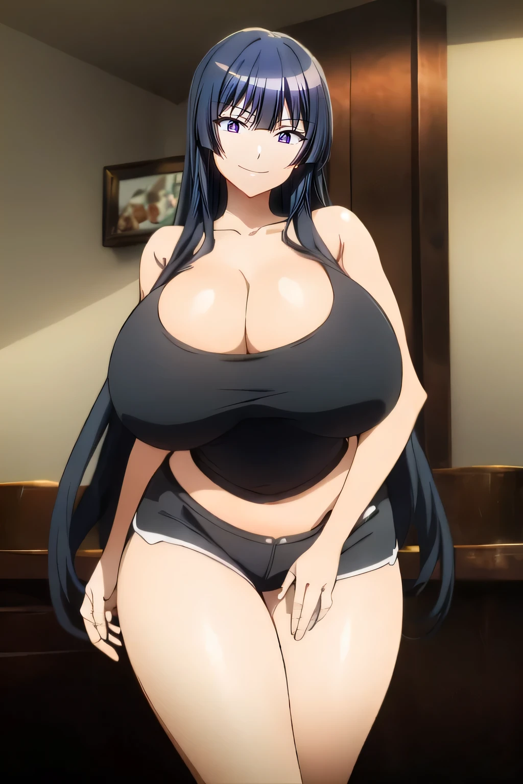 Masterpiece, high resolution, beautiful detailed face, Akeno Himejima, 1girl, (((bimbo))), long black hair, purple eyes, ear rings, (((bimbo))), puffy lips, painted lips, sexy face, sexy horny face, thick lips, wide hips, thick thighs, huge round ass, enormous natural breasts, deep v bust, shiny oily breasts, micro bikini, tall, camel toe, revealing cleavage, areola, nipples, thick shaggy breasts, breasts bulge, breasts bulging, 